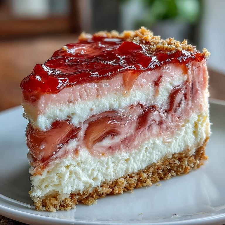 A fork rests beside a chilled wedge of Easy Guava Swirl Cheesecake topped with extra tropical guava sauce.