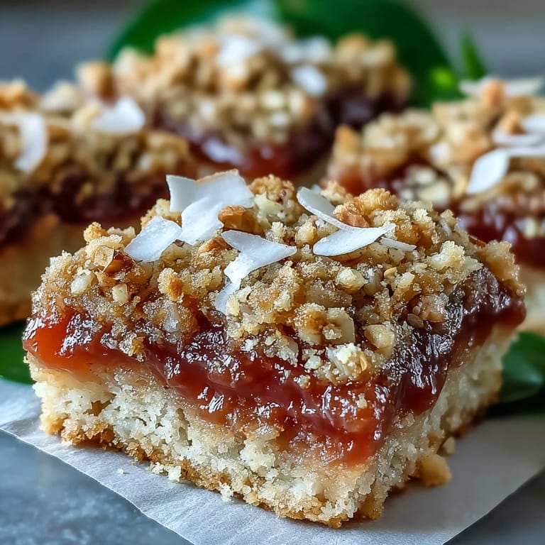 Stacked Guava Jam Bars reveal layers of jam and crumble beside sliced macadamias and shredded coconut.