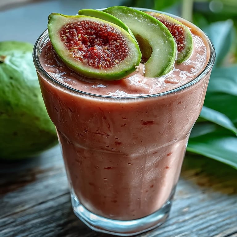 Blender making Guava Banana Smoothie with guava chunks, banana slices, milk, and ice cubes, ready for a quick, nutritious sip.