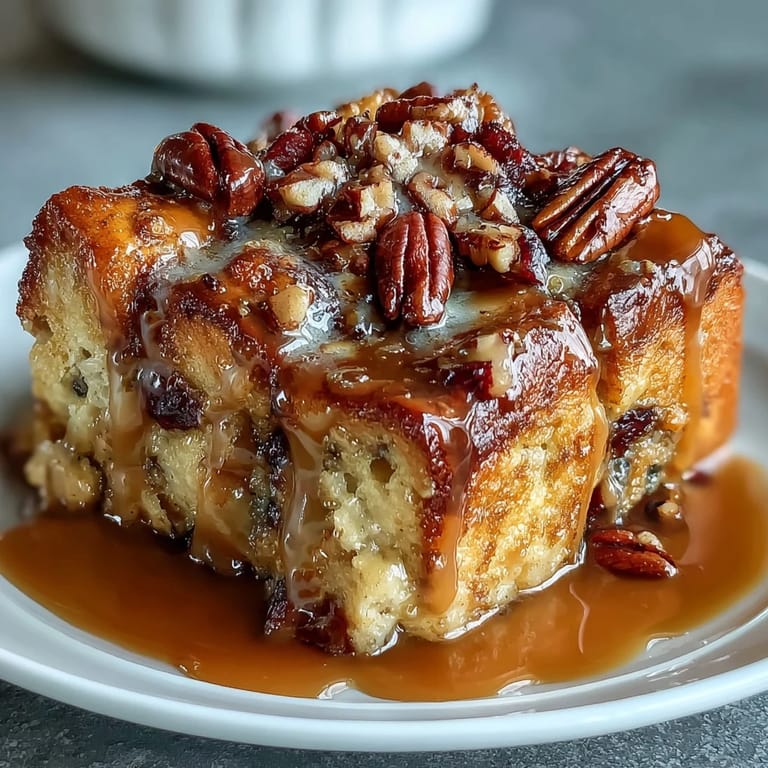 Warm Guava Caramel Bread Pudding served in a bowl with melted caramel sauce, chopped pecans, and a scoop of vanilla ice cream.