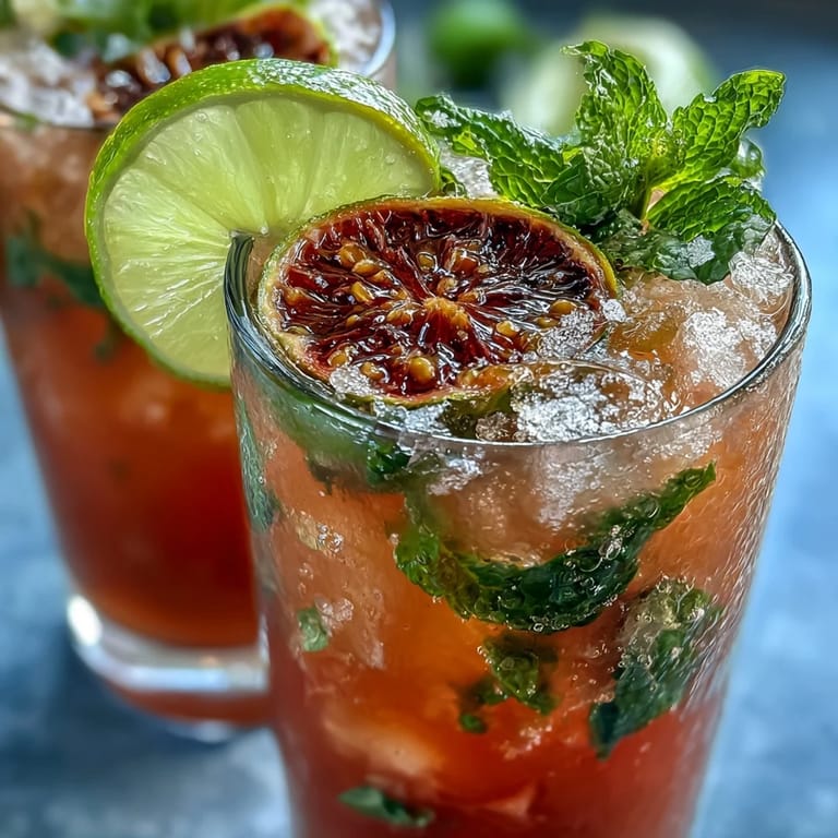 Colorful guava mojito in a tall glass, topped with bubbly club soda and garnished with vibrant mint leaves and a lime wedge.