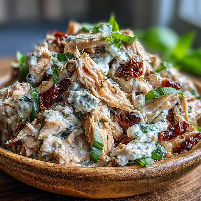 Colorful Sun-Dried Tomato Chicken Salad in a white bowl with a wooden spoon, ready for lunch with crackers or lettuce.