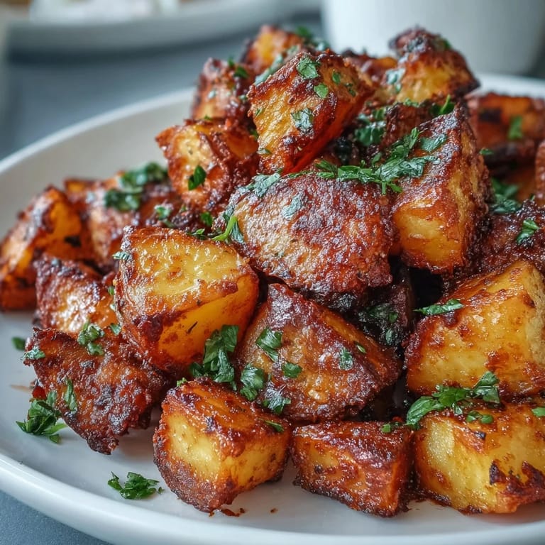 A close-up of smoky, spicy Mexican-style street potatoes in a skillet, garnished with cilantro for a vibrant side dish.