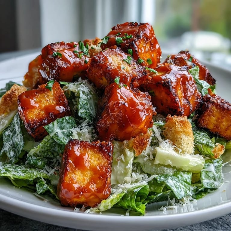 A hearty serving of Buffalo Tofu with creamy Caesar salad and Parmesan, ideal for a satisfying lunch or dinner.
