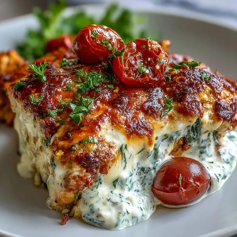 High Protein Chicken Bake in a white baking dish, featuring melted mozzarella, spinach, and halved cherry tomatoes.