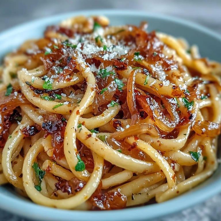 Steaming bowl of Caramelized Onion Pasta with Chili Oil, topped with grated Parmesan cheese and basil.