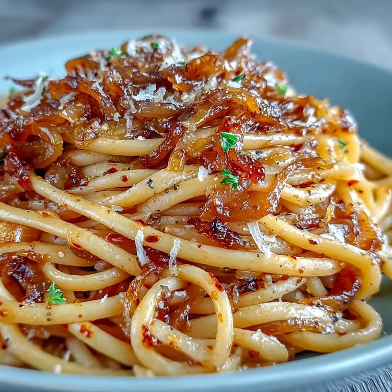 Close-up of a savory Caramelized Onion Pasta with Chili Oil glistening with olive oil and chili flakes.