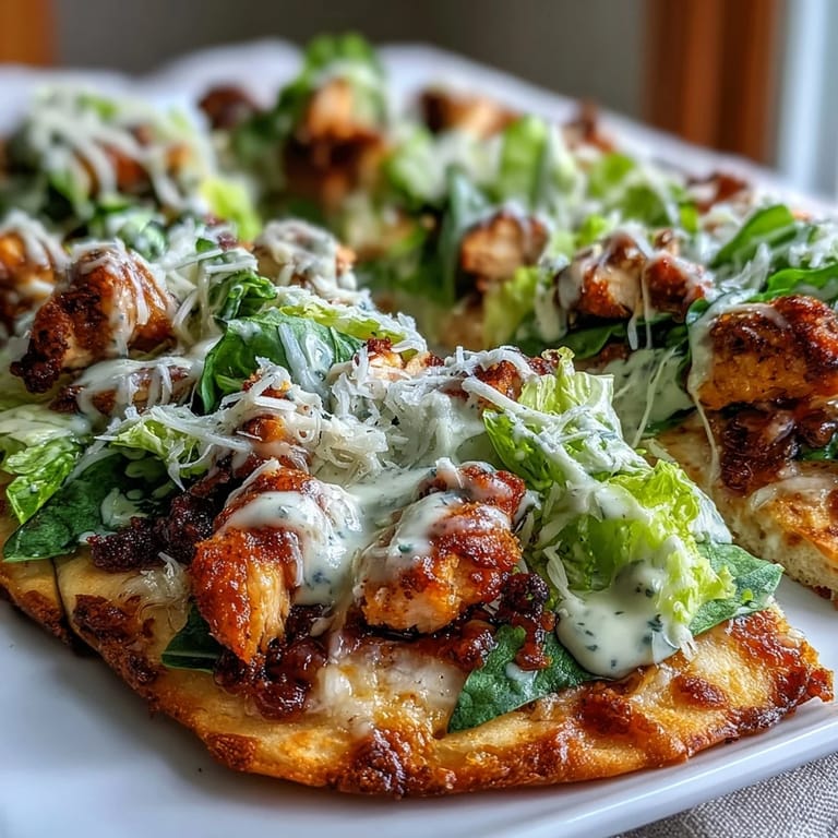 Sliced into wedges and served hot, these fusion Garlic Naan Chicken Caesar Pizzas showcase melted cheese and fresh greens.