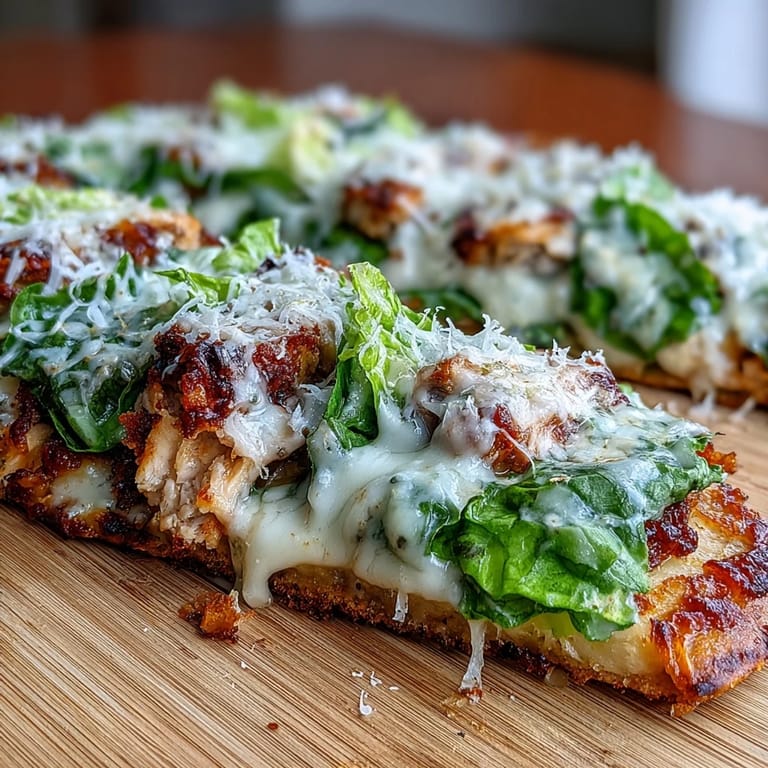 Fresh romaine and a drizzle of Caesar dressing finish these Garlic Naan Chicken Caesar Pizzas for a crunchy, savory bite.