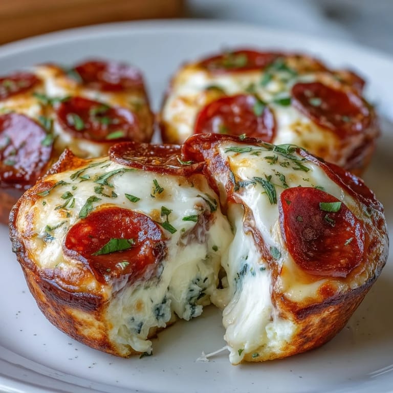 Steam gently rises from a freshly baked High-Protein Pepperoni Breakfast Cup, revealing fluffy frittata texture with peppers and rich pizza sauce filling.