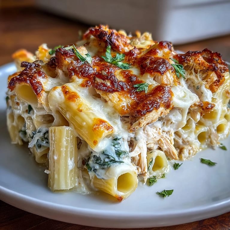 Steamy Greek Yogurt Chicken Alfredo Bake in a casserole dish, served with a crisp side salad.