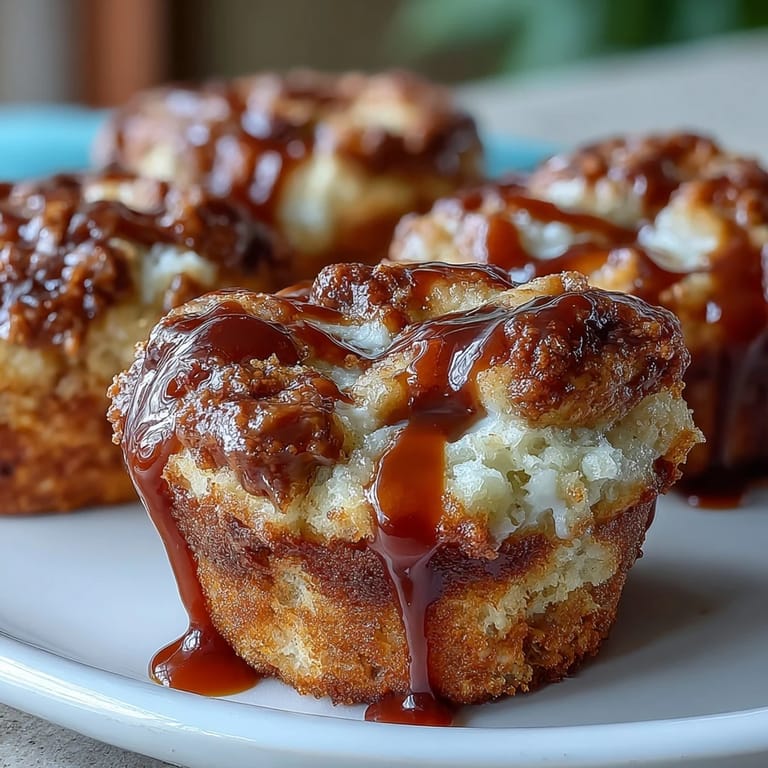 Golden brown Caramel Cream Cheese Swirl Muffins showcasing a marbled interior, served warm on a cozy kitchen counter with a cup of coffee.