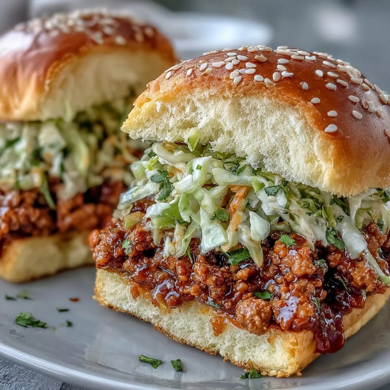 Close-up of Korean Turkey Sloppy Joe Sliders with fluffy buns, glazed turkey, and crisp slaw, perfect for easy weeknight dinners.
