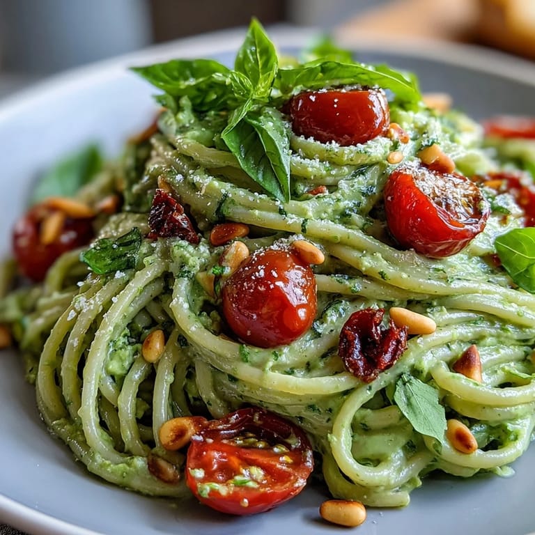 Vegan Creamy Avocado Lime Pasta with Cherry Tomatoes tossed with spaghetti on a rustic table, ready to eat.