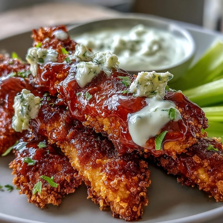A close-up of golden-baked keto Buffalo Ranch Chicken Tenders beside crunchy celery sticks and a bowl of herb-flecked ranch for dipping.