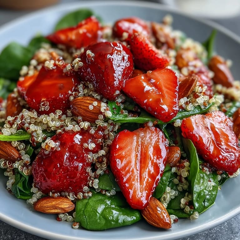 Freshly sliced strawberries and baby spinach are tossed with fluffy quinoa, creamy feta, and crunchy toasted almonds, all drizzled with a glossy balsamic vinaigrette for a perfect summer lunch.