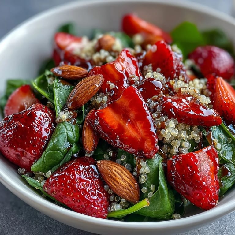 A close-up showcases sliced strawberries, tender baby spinach, fluffy quinoa, and crumbled feta in a bowl, with a fork ready for a light vegetarian and gluten-free meal.
