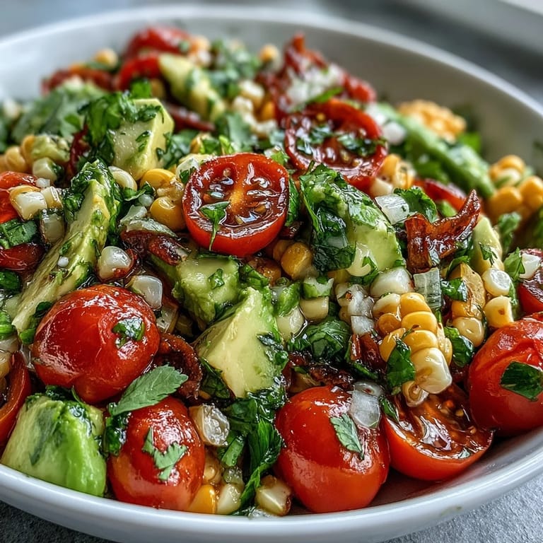Close-up of Fresh Corn and Tomato Salad with Avocado and Lime featuring sweet corn kernels and chopped cilantro.