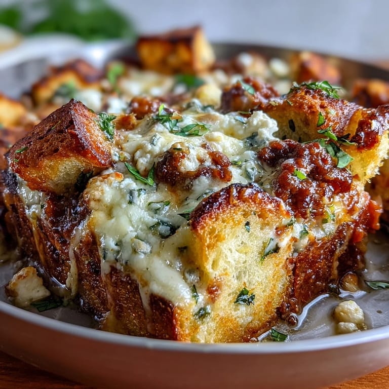 Cheesy Garlic Bread Lasagna Skillet is bubbling hot from the oven, ready to slice and serve.