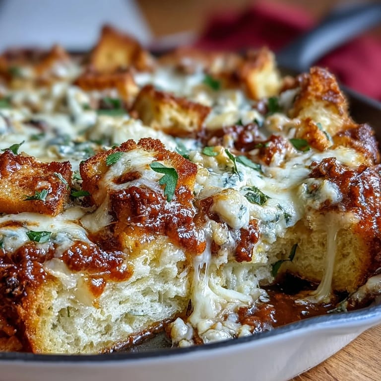 Pulled from a cast-iron skillet, layers of garlic bread and lasagna meet melted cheese for dinner.