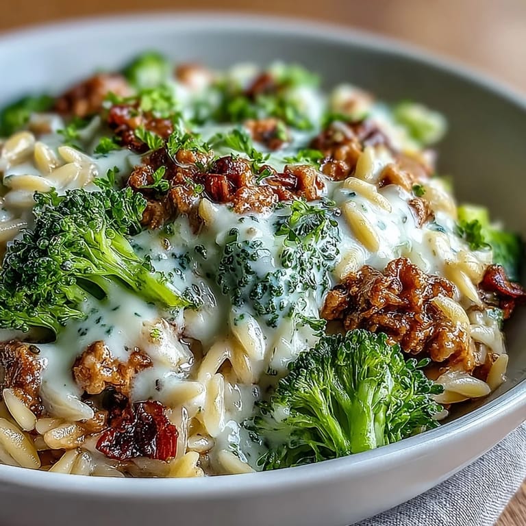 Tender turkey mince and bright green broccoli florets nestled in a creamy, garlicky orzo pasta, ready to be eaten.