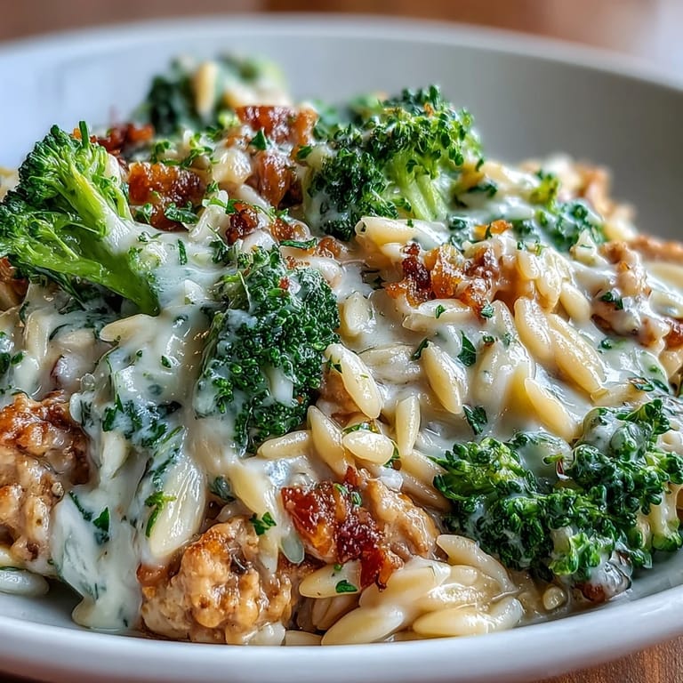Steam rises from this one-pan Creamy Garlic Turkey & Broccoli Orzo, highlighting the rich parmesan sauce and al dente pasta.