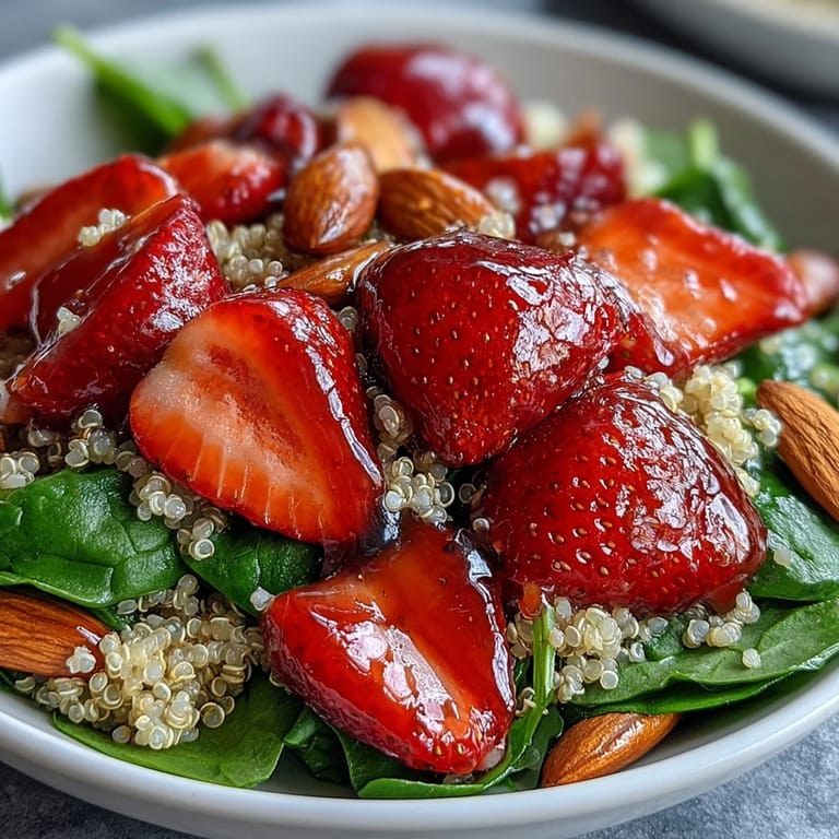 Freshly sliced strawberries and baby spinach are tossed with fluffy quinoa, creamy feta, and crunchy toasted almonds, all drizzled with a glossy balsamic vinaigrette for a perfect summer lunch.