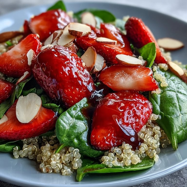 A close-up showcases sliced strawberries, tender baby spinach, fluffy quinoa, and crumbled feta in a bowl, with a fork ready for a light vegetarian and gluten-free meal.