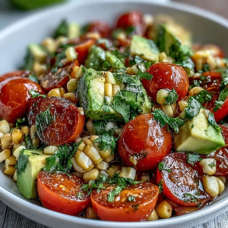 Close-up of Fresh Corn and Tomato Salad with Avocado and Lime featuring sweet corn kernels and chopped cilantro.