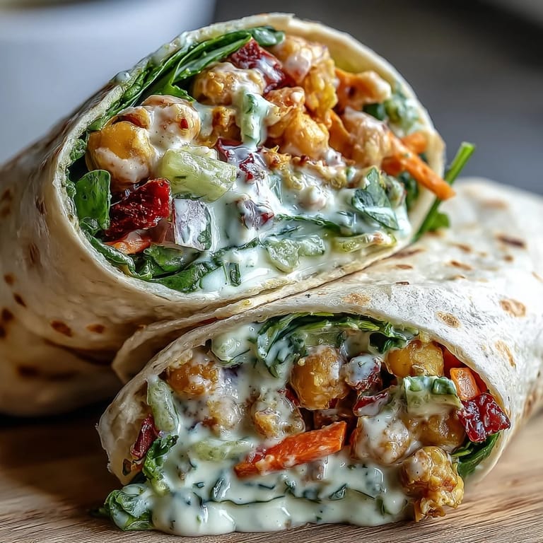 Overhead view shows two halved Vegan Coconut Curry Chickpea Salad Wraps on a wooden board.