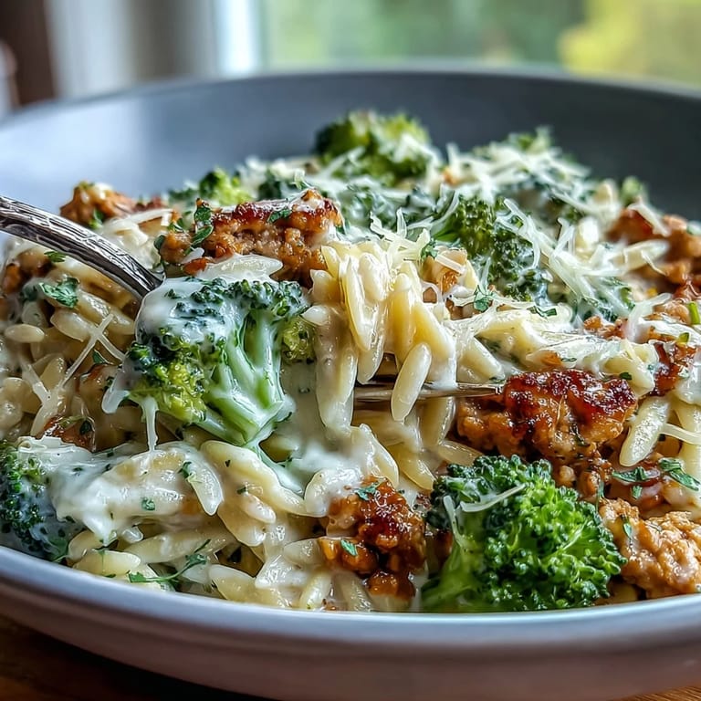 Steaming bowl of Creamy Garlic Turkey & Broccoli Orzo topped with fresh lemon zest, ready for a family dinner.
