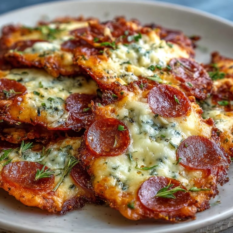 Cheesy pepperoni crisps fresh from the oven, garnished with parsley and ready for appetizer platters.