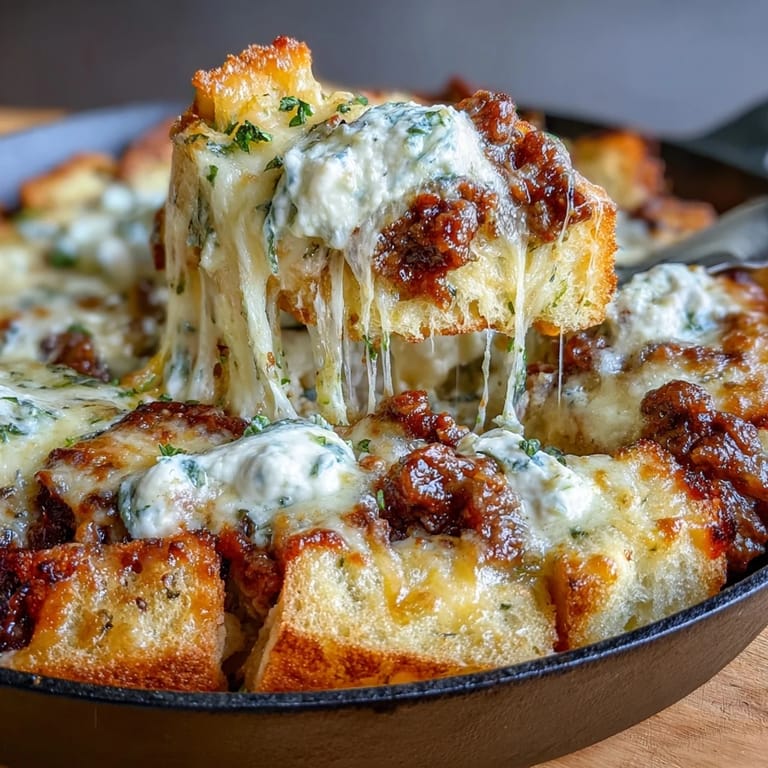 Easy one-pan garlic bread lasagna skillet featuring savory ground beef, tangy tomato sauce, and creamy cheese layers.