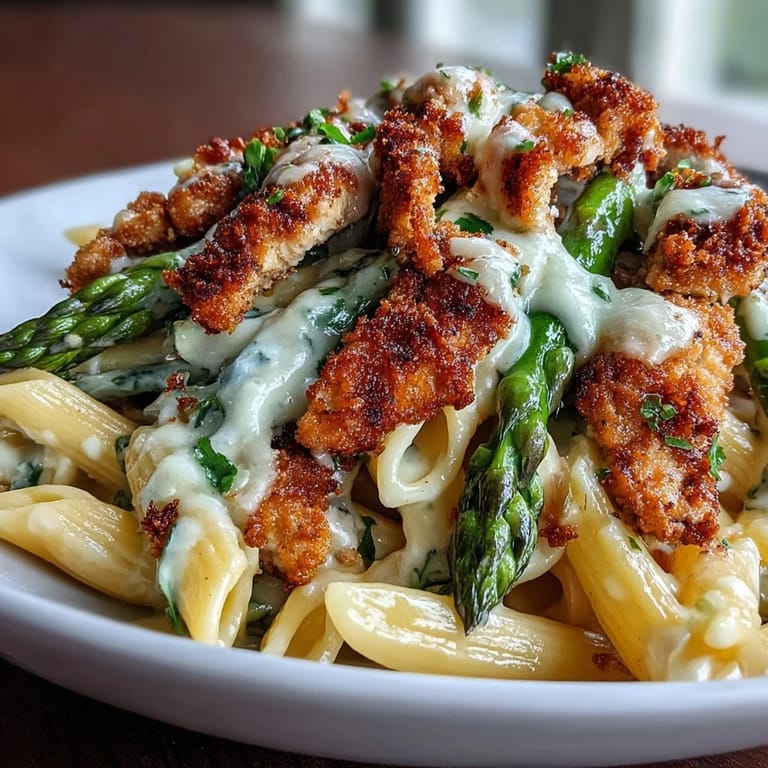 Creamy lemon-Parmesan chicken pasta with roasted asparagus and crunchy Asiago-Parmesan breadcrumb crust.