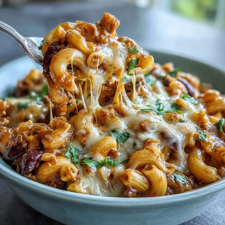 Hearty One-Pot Tex-Mex Chili Mac with Corn, garnished with green onions and served with crispy tortilla chips for crunch.