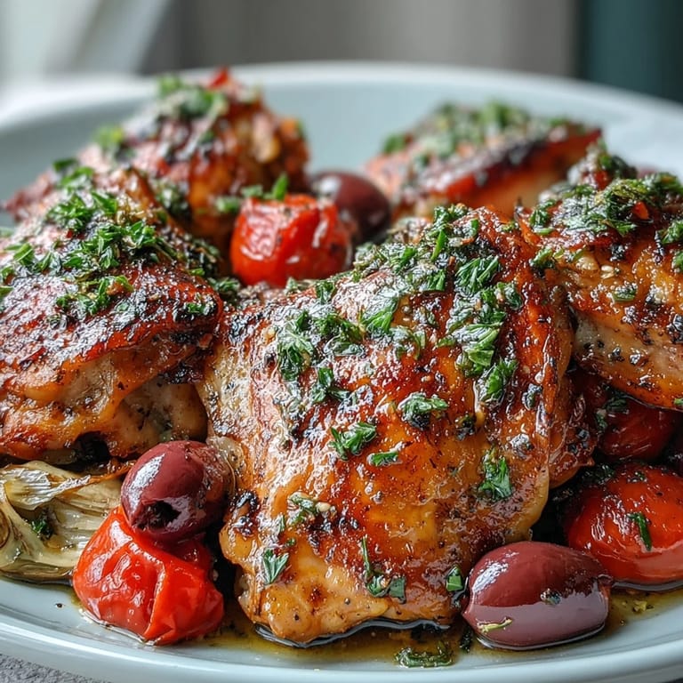 Juicy bone-in chicken thighs roast with briny Kalamata olives, tender artichokes, and cherry tomatoes in a fragrant herb-infused sauce.  