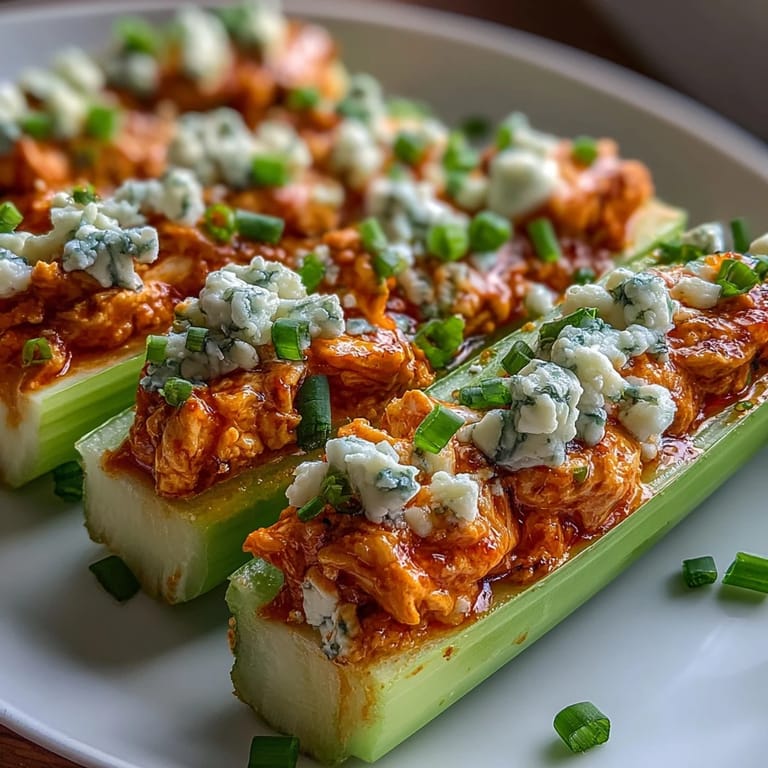 Spicy buffalo chicken filling nestled in crisp celery stalks, garnished with rich blue cheese crumbles.