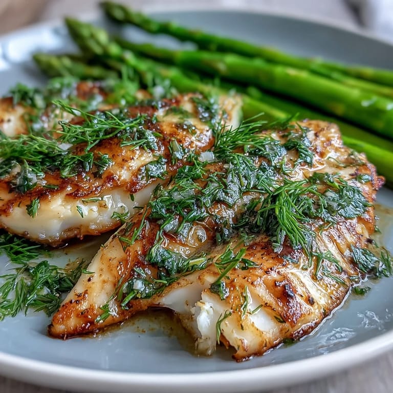 A close-up view of the seasoned tilapia fillet next to perfectly steamed asparagus spears.