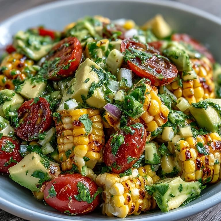 Vibrant Summer Corn, Tomato, and Avocado Salad with Lime Vinaigrette, featuring juicy cherry tomatoes, creamy avocado, and sweet corn for a refreshing side dish.