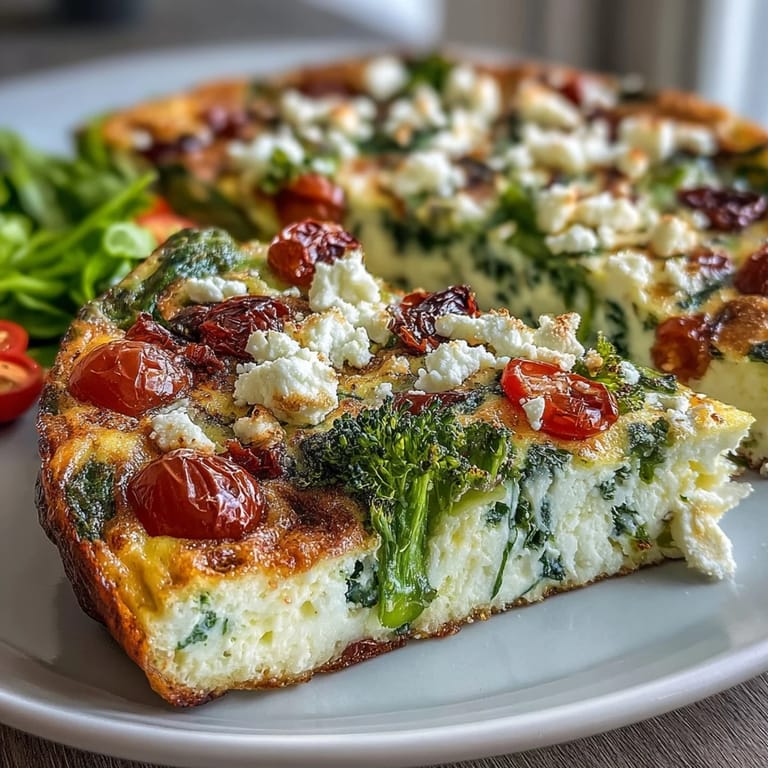 Protein-packed egg white frittata loaded with broccoli, zucchini, spinach, and bell peppers, baked to perfection and sprinkled with feta for extra flavor.  