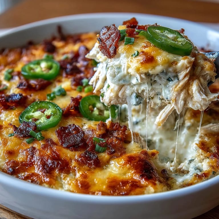 Comforting keto casserole with tender chicken, diced jalapeños, and gooey cheese, served bubbling hot from the oven.