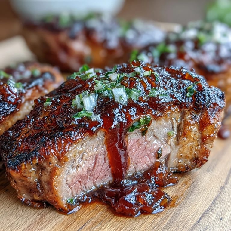 Savory lamb chops topped with tangy onion jam, balsamic vinegar, and mustard, presented with a side of roasted vegetables.