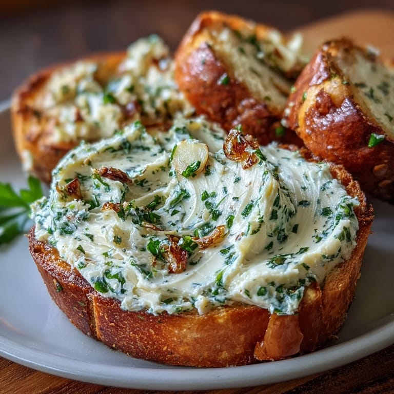 Roasted garlic and fresh herbs whipped into butter, perfect for slathering on warm baguette slices.  