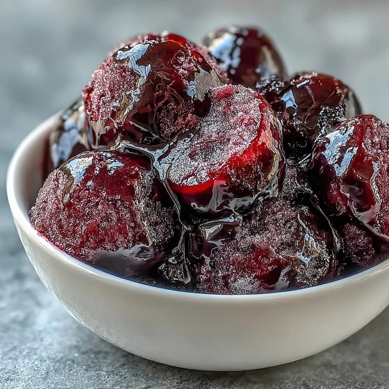 Silky smooth black currant sorbet garnished with fresh mint leaves, offering a tangy and elegant dessert experience.  
