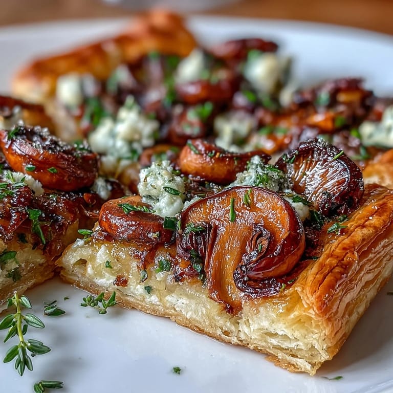 A savory wild mushroom tart recipe featuring earthy mushrooms, garlic, and tangy goat cheese on crisp, buttery puff pastry.  