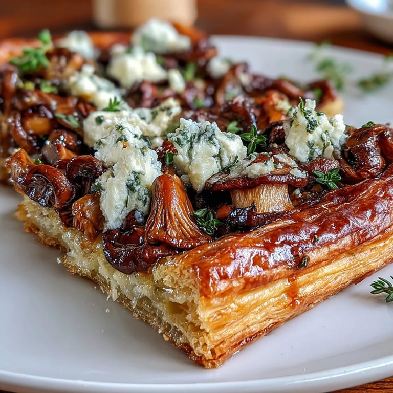 Elegant wild mushroom tart baked with sautéed wild mushrooms, thyme, and crumbled goat cheese for a perfect appetizer or brunch dish.