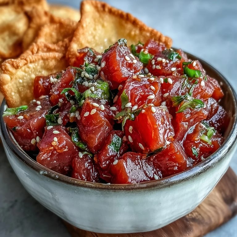 Colorful spicy tuna tartare arranged on a platter with crunchy wonton chips and lime wedges, perfect for sharing at gatherings.