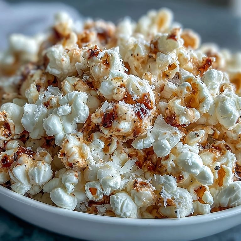 Luxurious truffle popcorn seasoned with delicate fleur de sel and cracked black pepper, perfect for elegant snacking.  