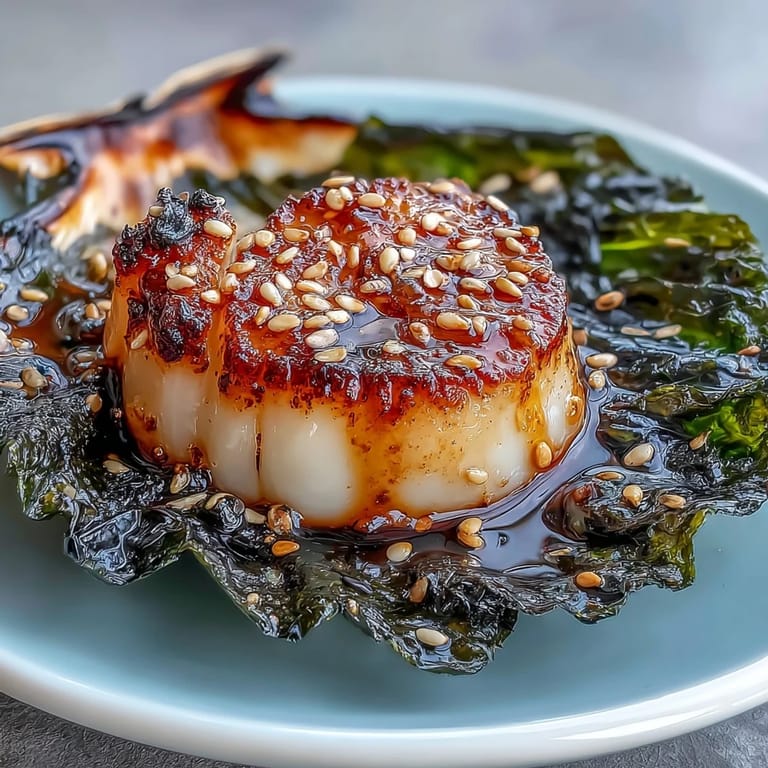 Succulent sea scallops wrapped in crisp nori, lightly seasoned and pan-seared, accompanied by a refreshing ponzu sauce on the side.