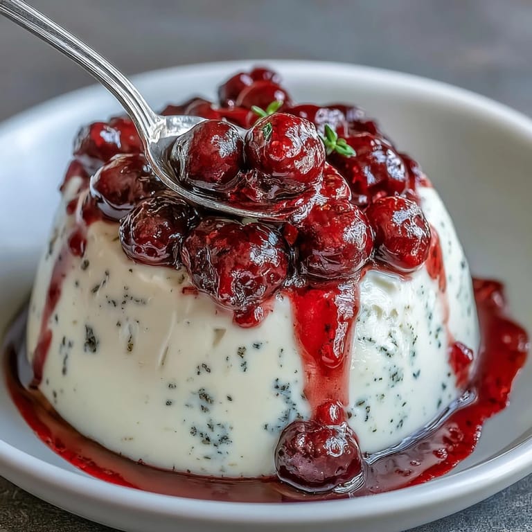 Creamy Italian custard delicately flavored with cardamom and served with a fresh, tangy berry sauce for dessert.